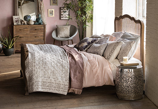 Pale pink and neutral rustic bedroom