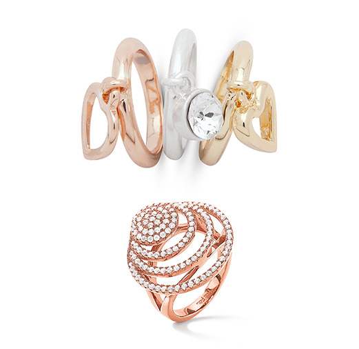 Rose gold, silver and gold rings and rose gold ring with diamantes