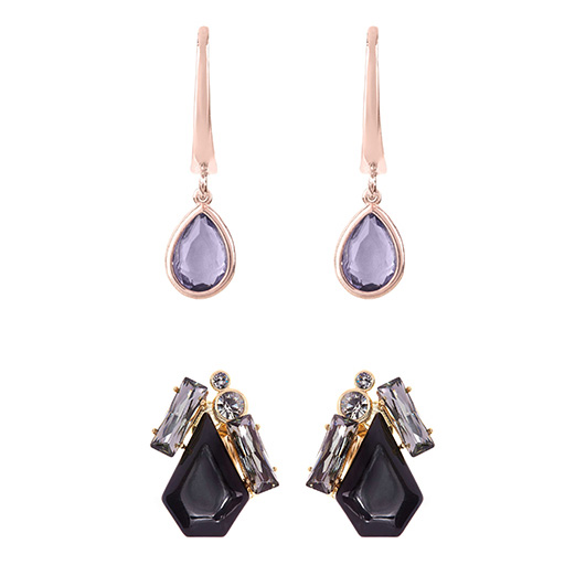 Rose gold tear drop earrings with purple stones and black gem earrings