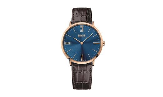 Hugo Boss mens watch with blue and gold face and a leather strap