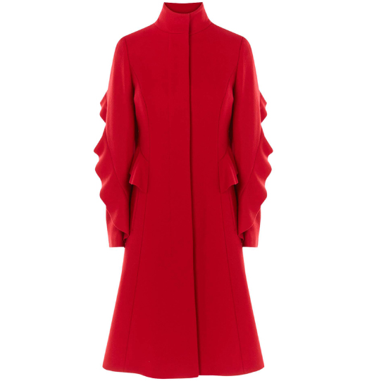 High neck long red coat with ruffle sleeves